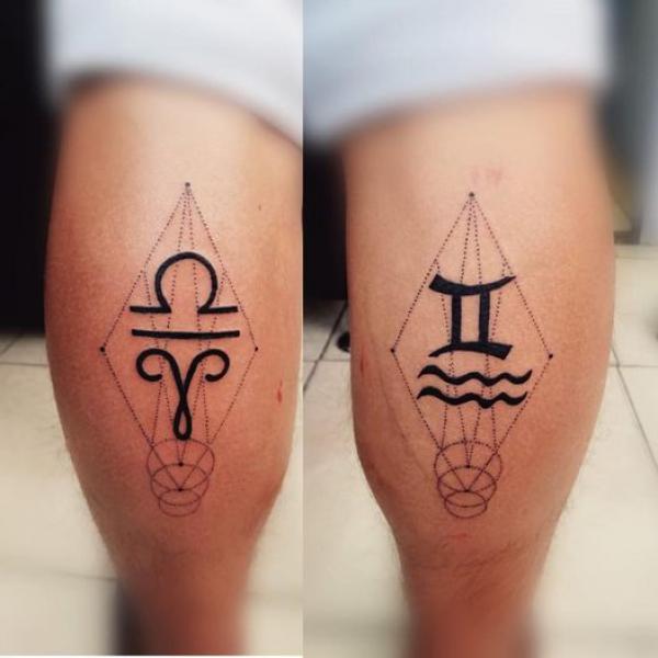 Libra Aries Gemini Aquarius glyphs Geometric front thigh tattoo