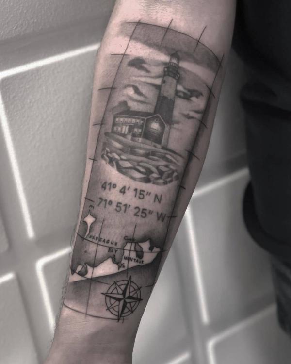 Lighthouse with coordinates and compass tattoo
