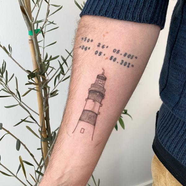 Lighthouse with coordinates tattoo