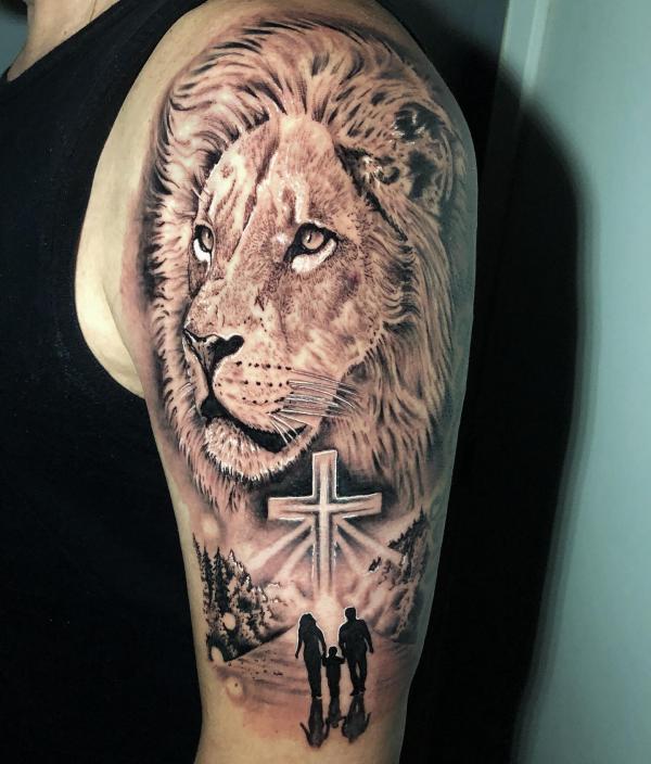 Lion and cross with family tattoo half sleeve