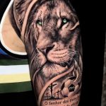 Lion and three cross with Bible verse tattoo half sleeve
