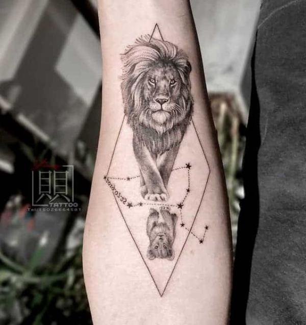 Lion king and cub with Leo constellation tattoo