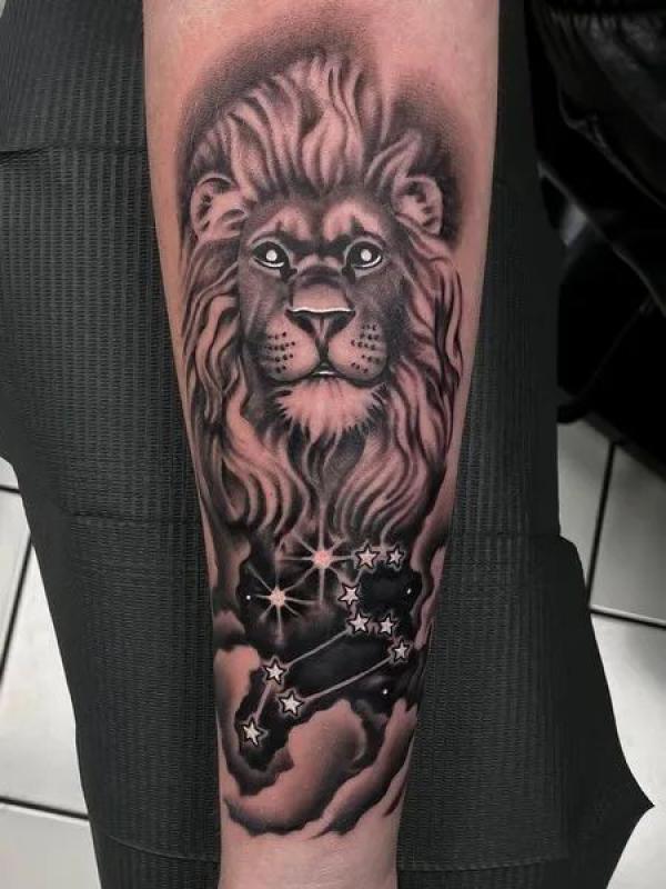 Lion king with stars and Leo constellation tattoo