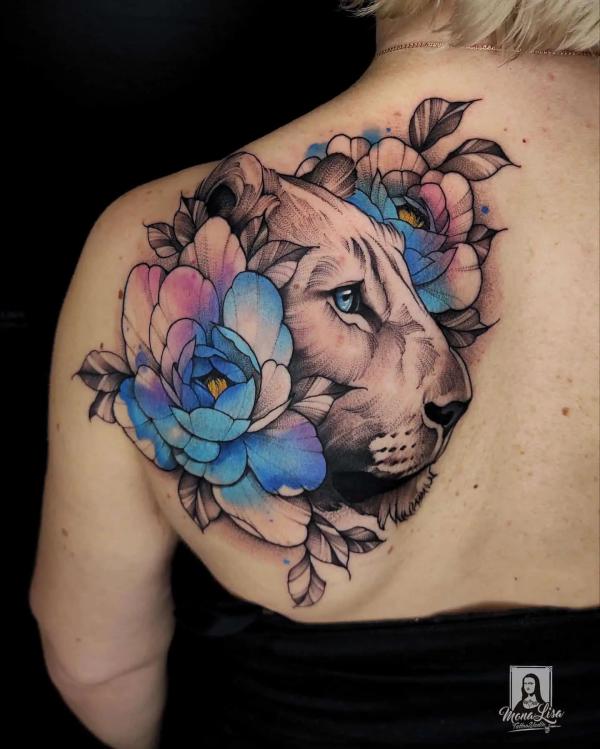 Lioness and pony shoulder blade tattoo