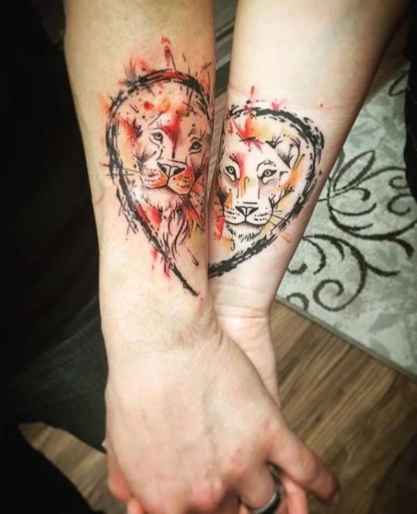 Lions in heart matching tattoo
