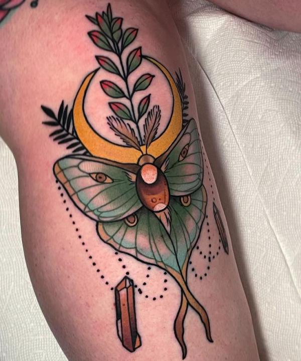 Luna moth and crescent moon with pendant and cristal tattoo