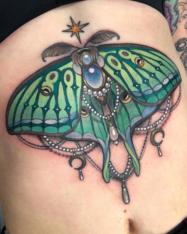 Luna moth belly tattoo