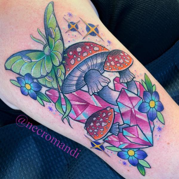 Luna moth with mushrrom and crystal arm tattoo