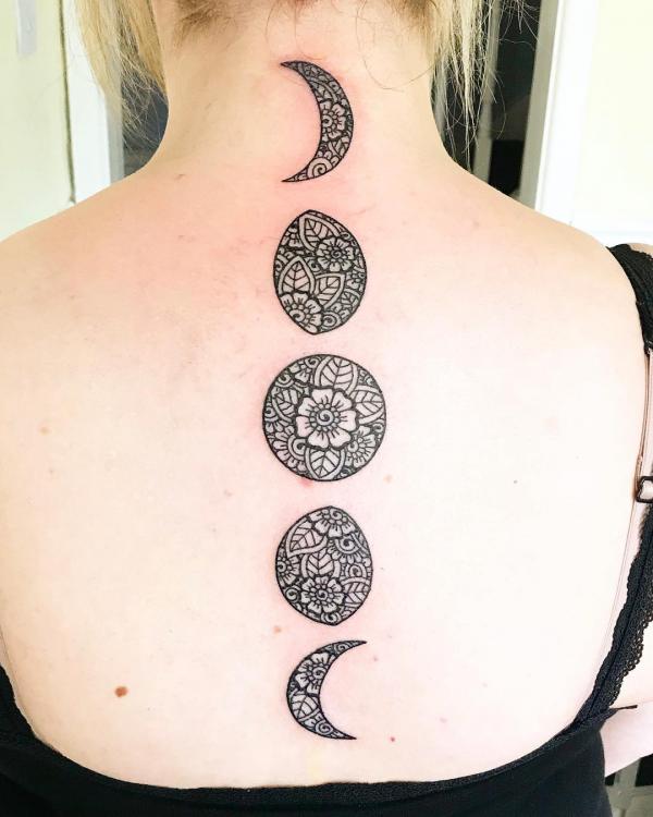 Mandala Moon phases spine tattoo