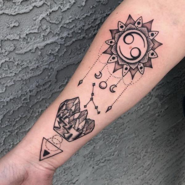 Mandala Zodiac cancer with constellation and crystal tattoo