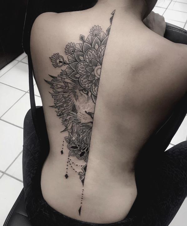 Mandala lion Leo back tattoo