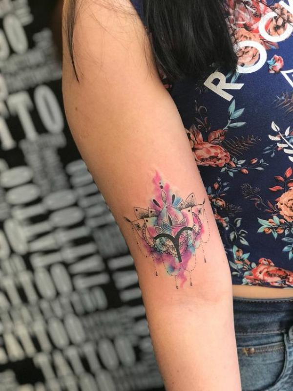 Mandala lotus with Aries glyph tattoo