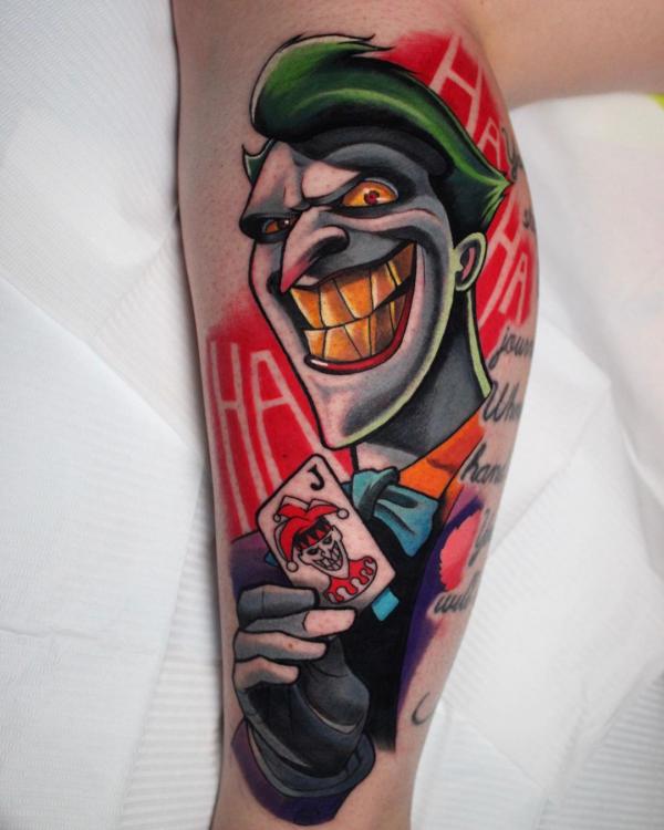 Mark Hamill Joker with a card calf tattoo