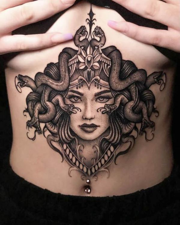 Medusa with snakes stomach tattoo