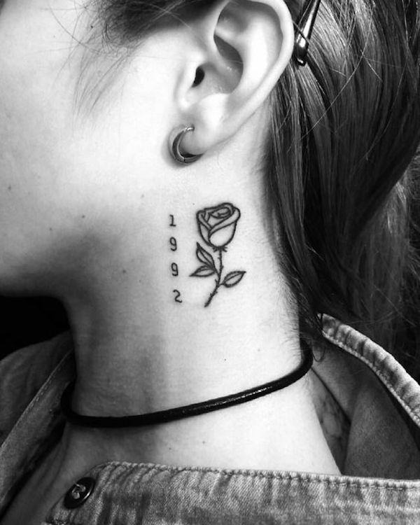 Minimalist rose with year 1992 neck tattoo