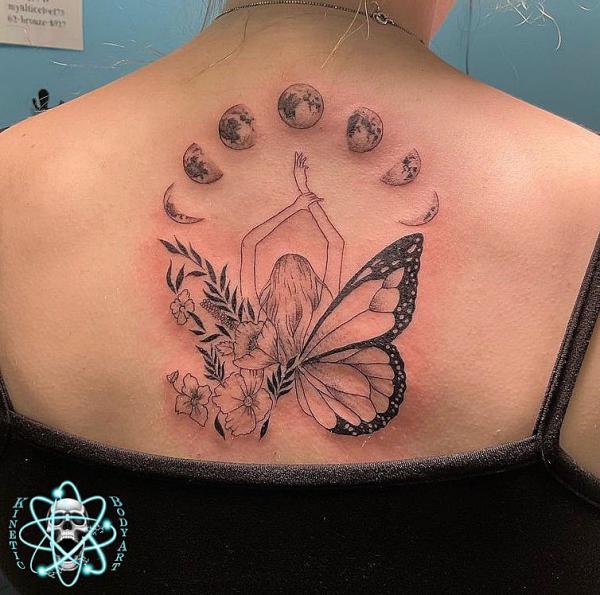 Moon phases and butterfly back tattoo