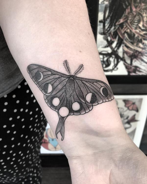 Moon phases lunar moth tattoo black and grey
