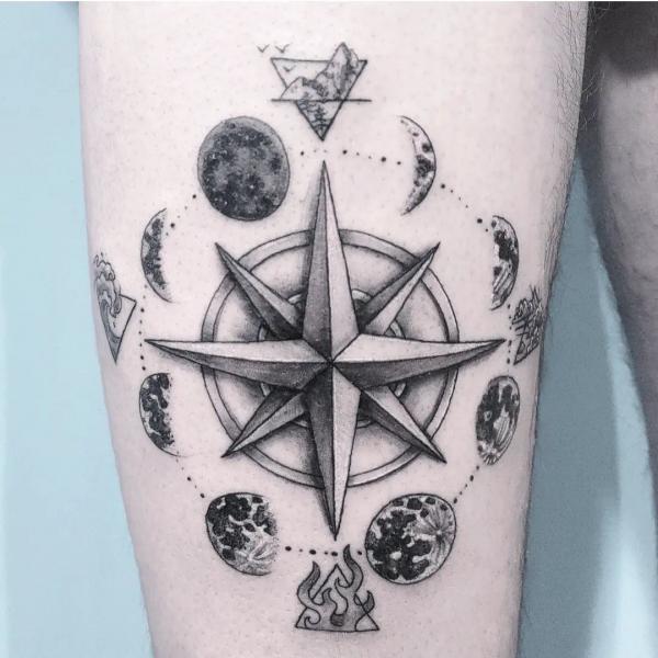 Moon phases with compass tattoo
