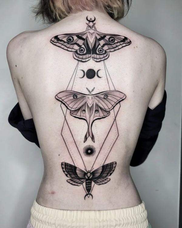 Moth and luna moth back tattoo