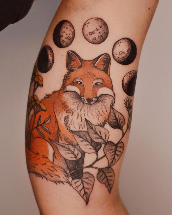 Neo traditional Moon phases and wolf tattoo