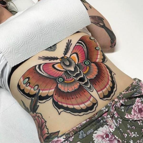 Neo traditional moth stomach tattoo