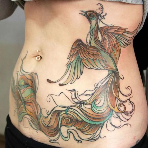 Neo traditional phoenix stomach tattoo