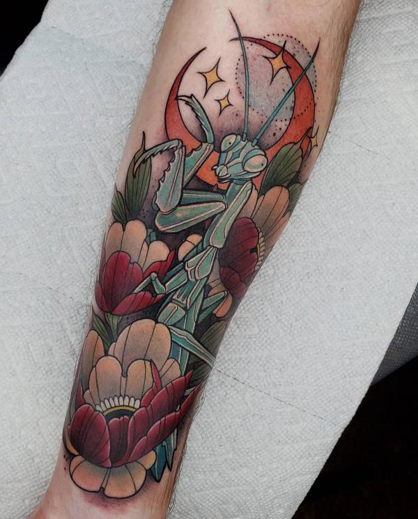 Neo traditional praying mantis and flower with crescent moon and stars tattoo