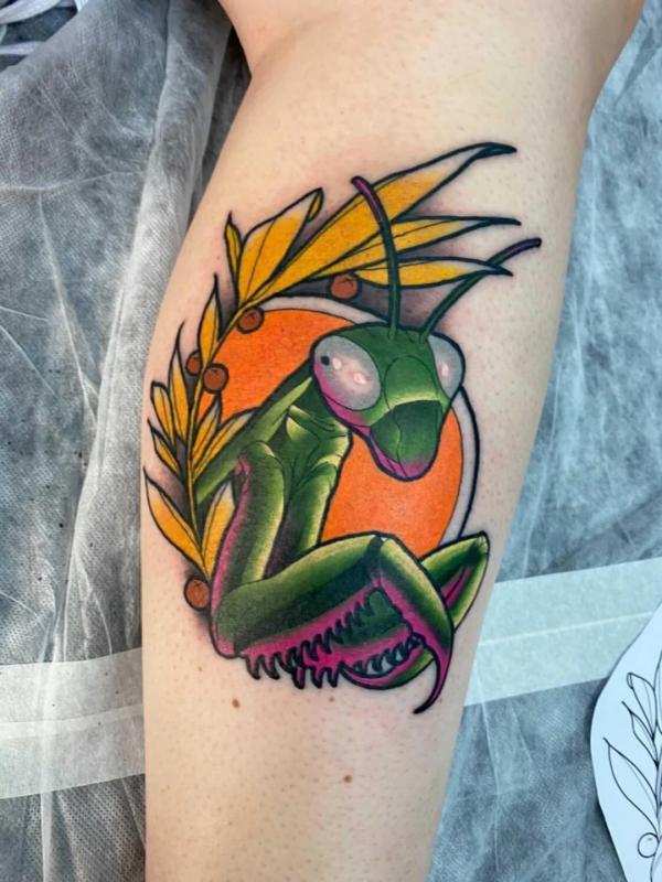 Neo traditional praying mantis with yellow moon tattoo