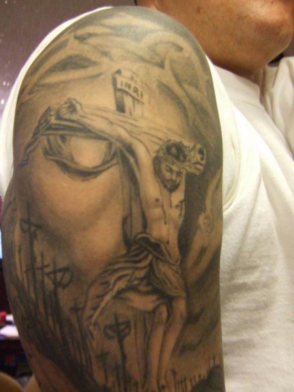 Optical illusion Calvary Jesus on cross tattoo half sleeve