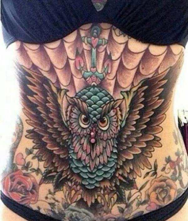 Owl with roses stomach tattoo