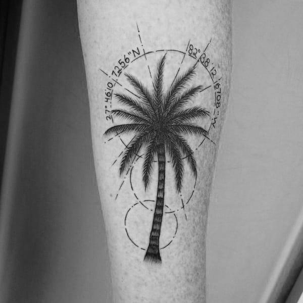 Palm tree with coordinates tattoo