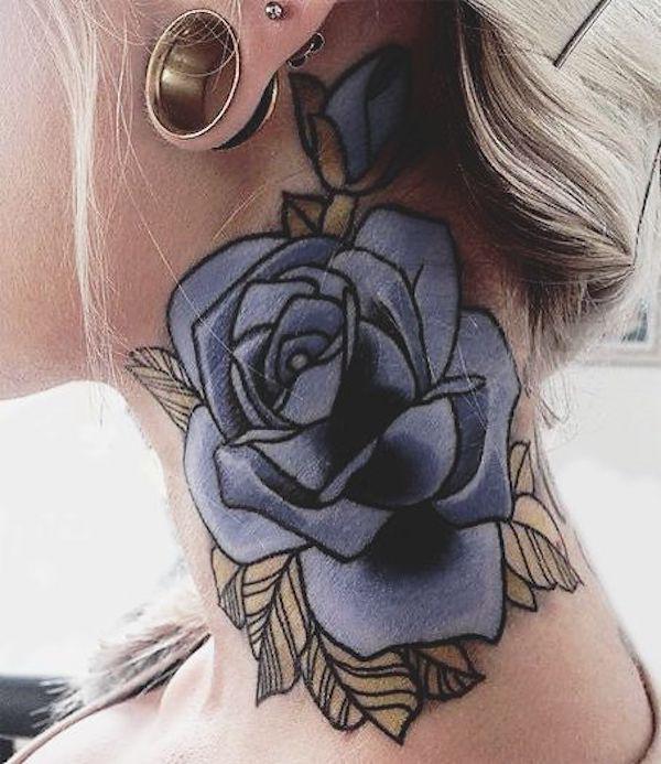 Pastel blue rose tatoo on the side of neck