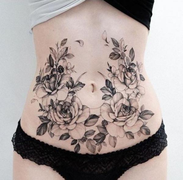 Peony flowers stomach tattoo