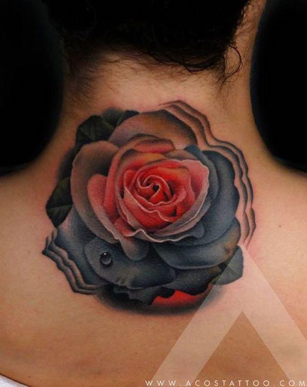 Pink and grey rose nape tattoo