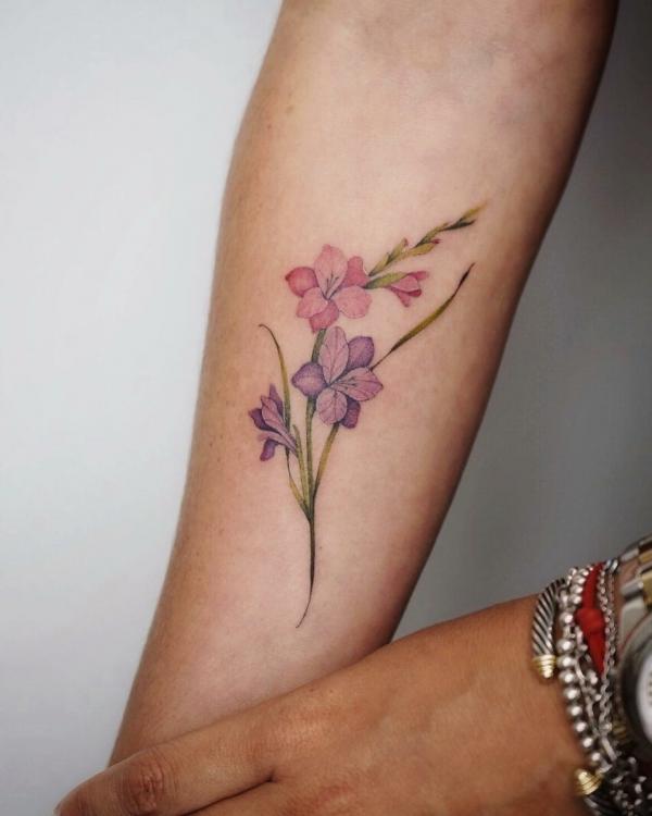 Pink and purple gladiolus tattoo on forearm