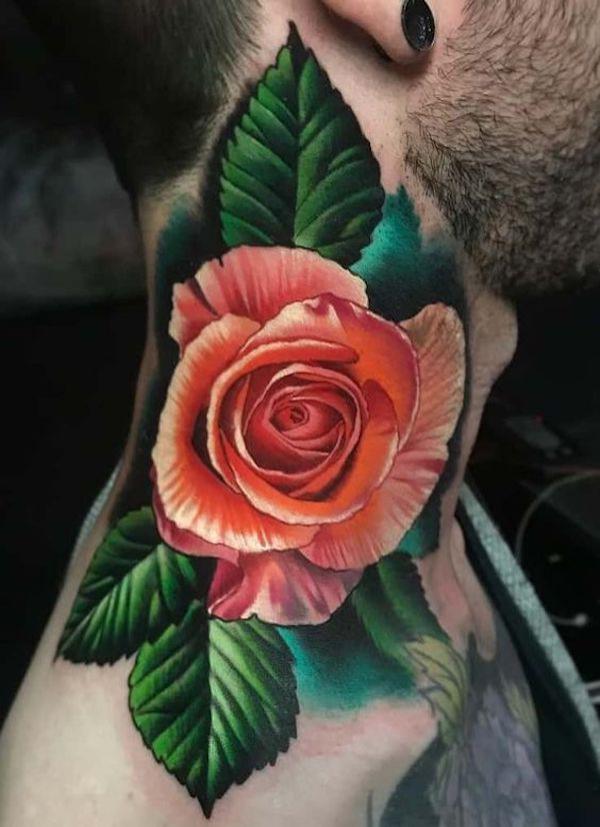 Pink rose with green leaves neck tattoo
