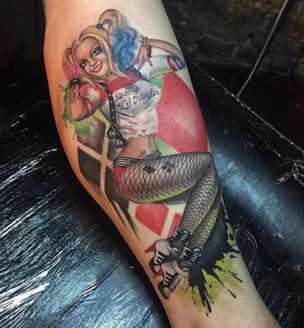 Pinup Harley Quinn wearing Daddys Lil monster shirt tattoo on watercolor diamond backdrop