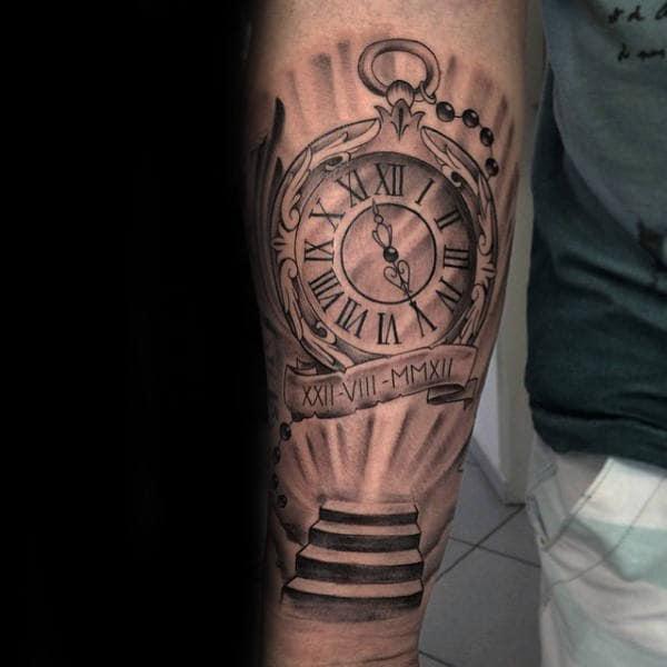 Pocket watch and stairs to heaven forearm tattoos