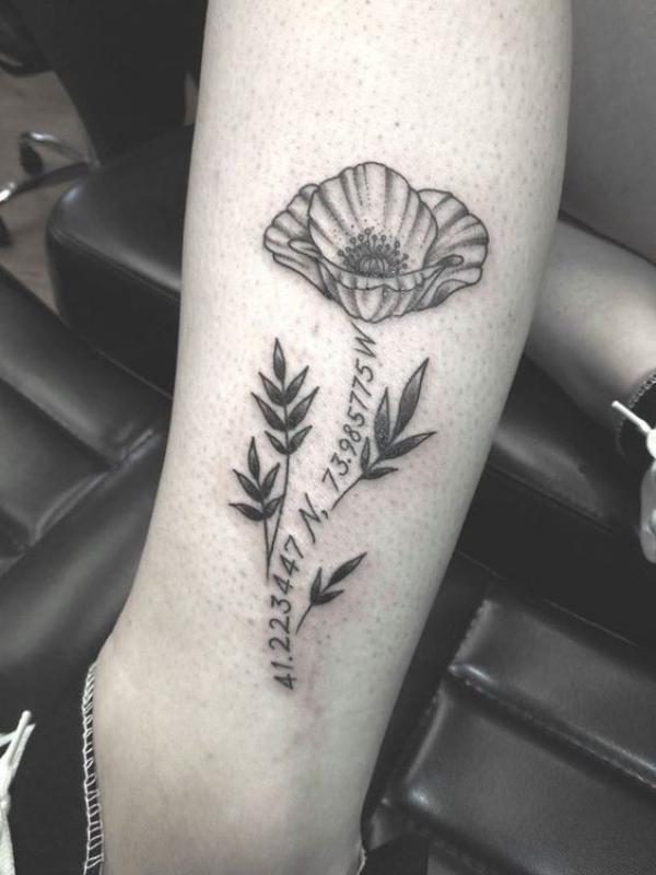 Poppy flower and coordinates tattoo
