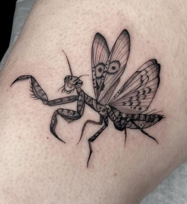 Praying mantis black and white traditional tattoo
