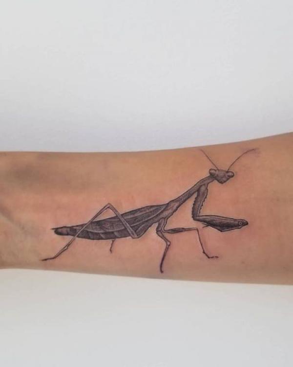 Praying mantis forearm tattoo