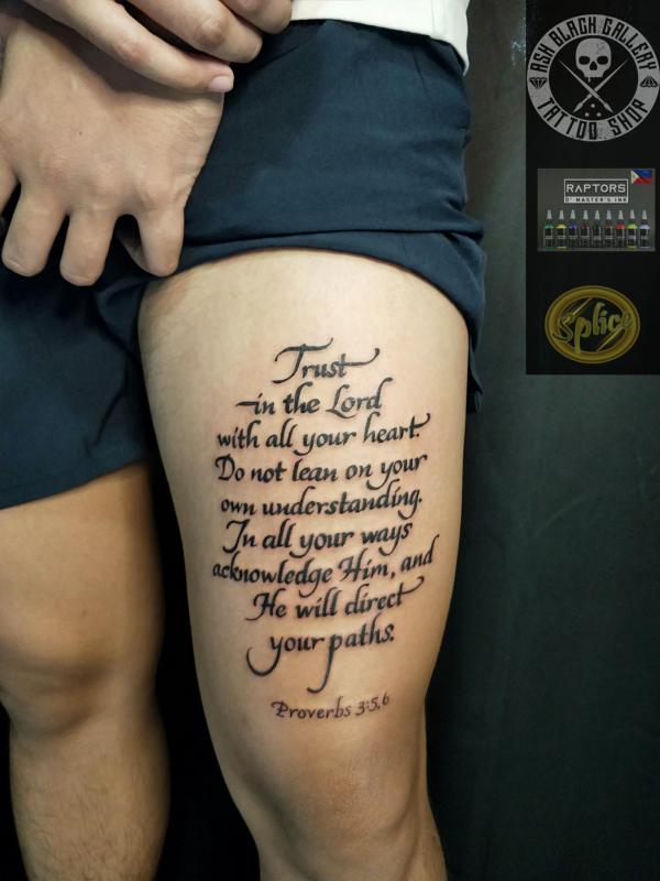 Proverbs 3 5 Bible verse tattoo on thigh