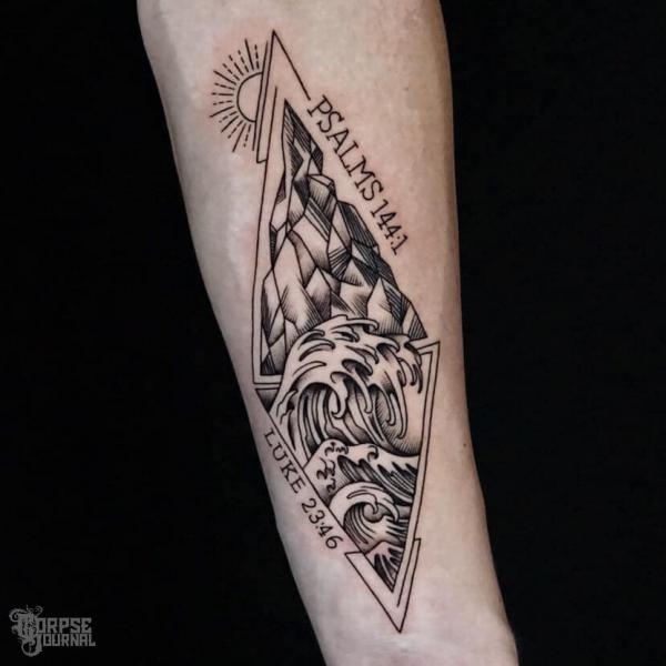 Psalm 144 1 and LUKE 23 46 with sun and wave tattoo