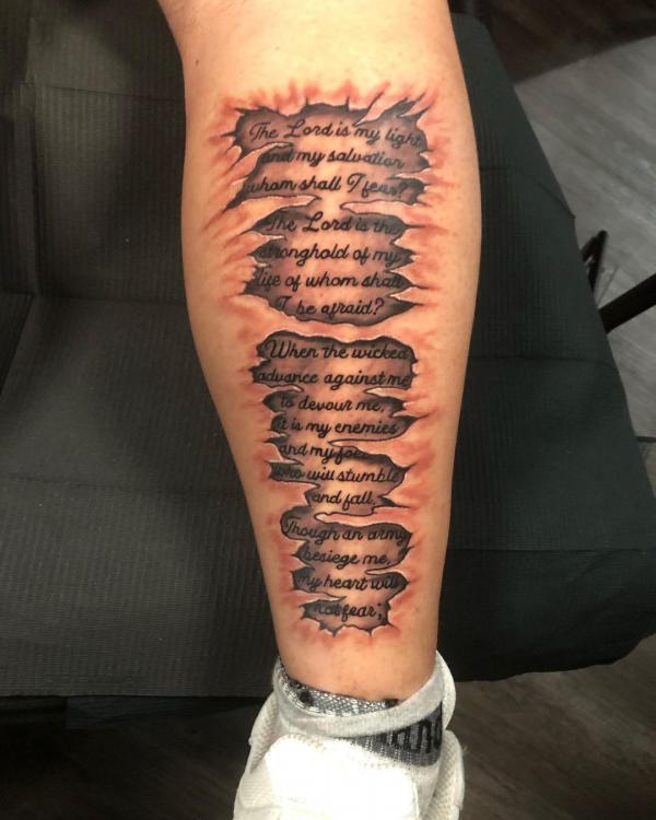 Psalm 27 ripped skin calf tattoo