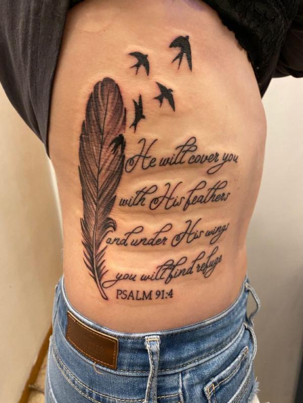 Psalm 91 with feather tattoo