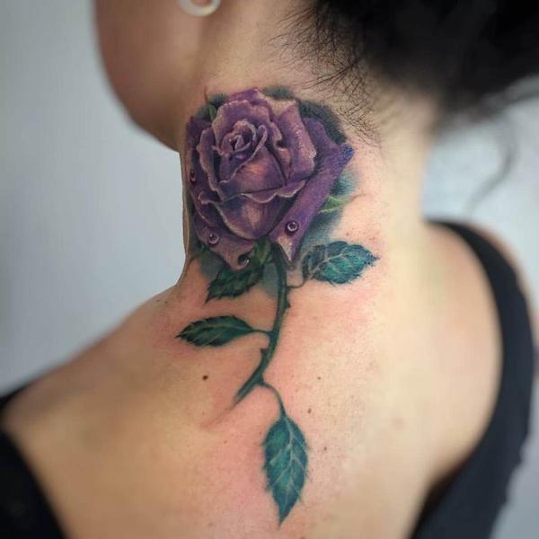 Purple rose neck tattoo