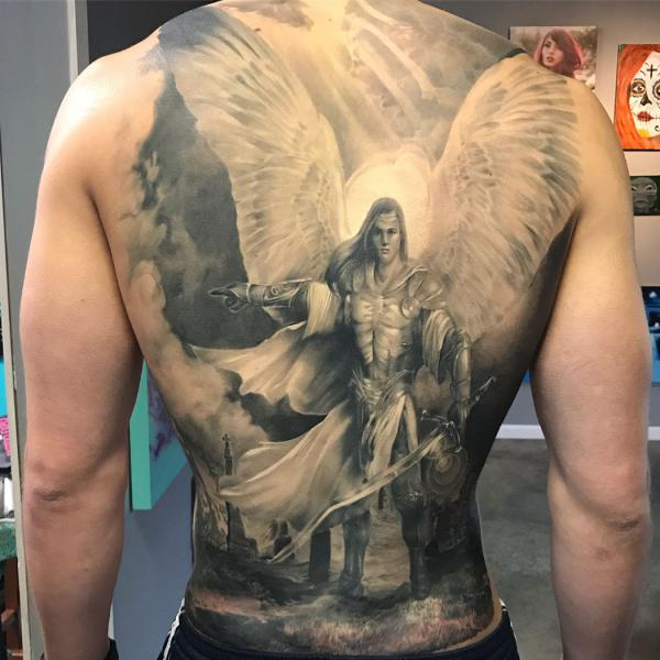 Realistic Archangel Michael full back tattoo