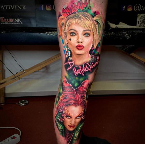 Realistic Harley Quinn and Poison Ivy tattoo