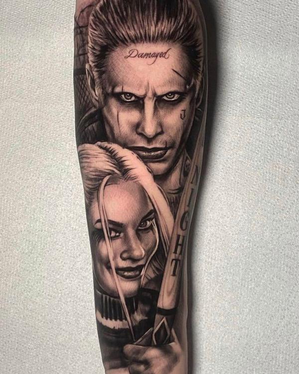 Realistic Joker and Harley Quinn with bat tattoo
