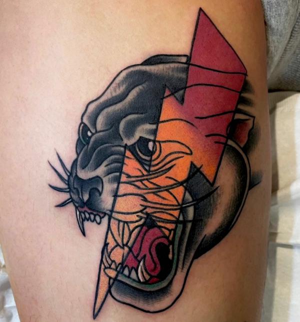 Realistic black panther head and lightning bolt tattoo
